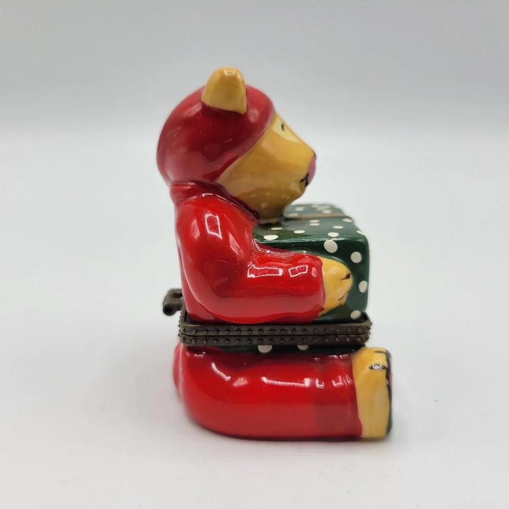 Holiday Santa Bear with Gift Box Sweet Dreams Pillow Hinged Trinket Box Ceramic